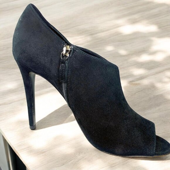 DIANE von FURSTENBERG Uzza Black Suede Peep Toe Stiletto Booties - Picture 4 of 11
